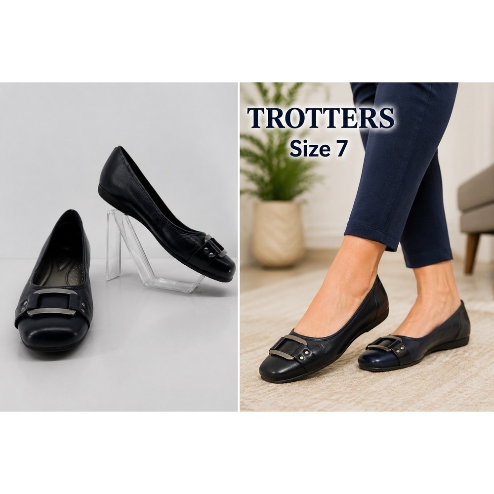 Trotters Navy Leather Flats Buckle Accent Comfort Slip On Classic Workwear Sz 7